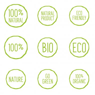 Bio, Eco ve Natural ürün amblemleri seti. Yeşil ve Çevre dostu musunuz.