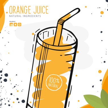 Bardakta Portakal Suyu. Afiş smoothies, limonata, taze, eskiz tarzında detoks.