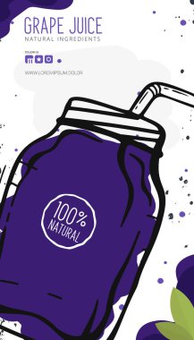 Bardakta üzüm suyu. Afiş smoothies, limonata, taze, eskiz tarzında detoks.