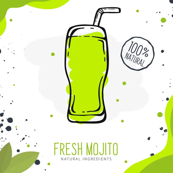 Fräsch Mojito i ett glas. Banner smoothies, lemonad, färsk, juice, detox i skiss stil. — Stock vektor