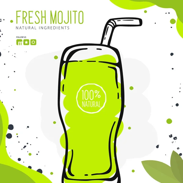 Fräsch Mojito i ett glas. Banner smoothies, lemonad, färsk, juice, detox i skiss stil. — Stock vektor