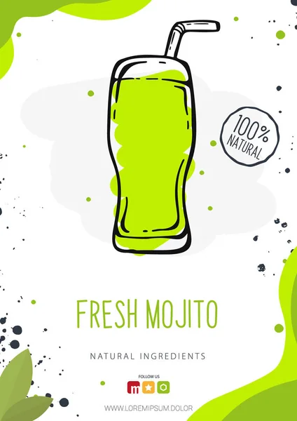 Fräsch Mojito i ett glas. Banner smoothies, lemonad, färsk, juice, detox i skiss stil. — Stock vektor