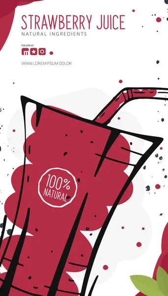 Jugo de fresa en un vaso. Batidos de banner, limonada, fresco, desintoxicación en estilo de boceto . — Vector de stock