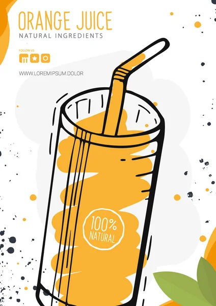 Orange Juice in a glass. Banner smoothies, lemonade, fresh, detox in sketch style. — Stock Vector