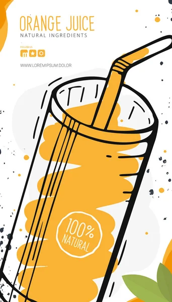Sinaasappelsap in een glas. Banner smoothies, limonade, vers, detox in schets stijl. — Stockvector