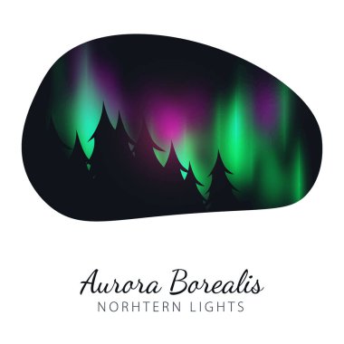 Gece Gökyüzü, Aurora Borealis, Kuzey Işıkları Etkisi ormanın arkasındaki karanlık arka plan üzerinde. Gerçekçi Renkli kutup ışıkları.