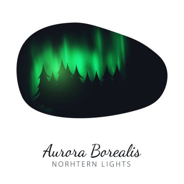 Gece Gökyüzü, Aurora Borealis, Kuzey Işıkları Etkisi ormanın arkasındaki karanlık arka plan üzerinde. Gerçekçi Renkli kutup ışıkları.