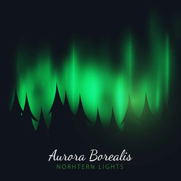 Nachtelijke hemel, Aurora Borealis, Noorderlicht effect op donkere achtergrond achter het bos. Realistische gekleurde Polar Lights. — Stockvector