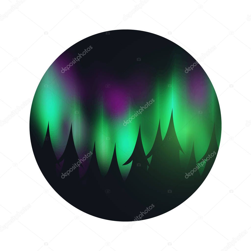 Night Sky, Aurora Borealis, Northern Lights Effect on dark background behind the forest. Realistic Colored polar lights.