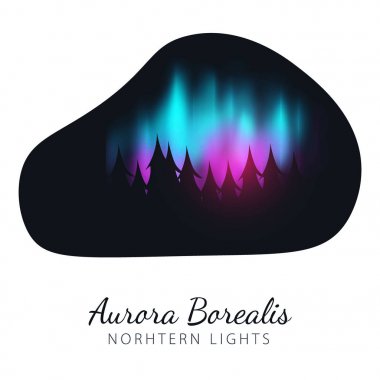 Gece Gökyüzü, Aurora Borealis, Kuzey Işıkları Etkisi ormanın arkasındaki karanlık arka plan üzerinde. Gerçekçi Renkli kutup ışıkları.