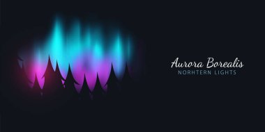Gece Gökyüzü, Aurora Borealis, Kuzey Işıkları Etkisi ormanın arkasındaki karanlık arka plan üzerinde. Gerçekçi Renkli kutup ışıkları.