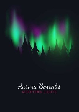 Gece Gökyüzü, Aurora Borealis, Kuzey Işıkları Etkisi ormanın arkasındaki karanlık arka plan üzerinde. Gerçekçi Renkli kutup ışıkları.