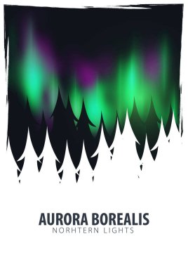 Gece Gökyüzü, Aurora Borealis, Kuzey Işıkları Etkisi ormanın arkasındaki karanlık arka plan üzerinde. Gerçekçi Renkli kutup ışıkları.