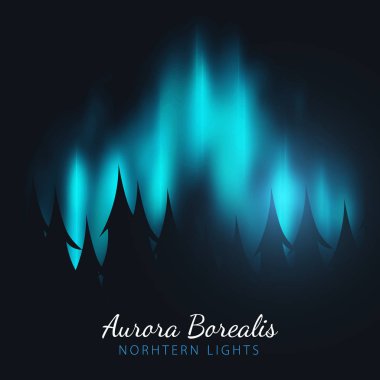 Gece Gökyüzü, Aurora Borealis, Kuzey Işıkları Etkisi ormanın arkasındaki karanlık arka plan üzerinde. Gerçekçi Renkli kutup ışıkları.