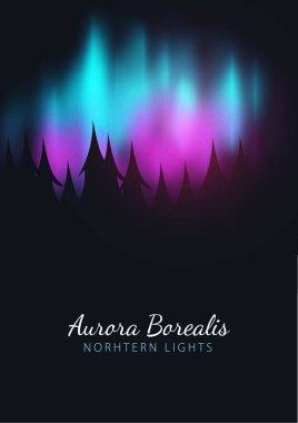 Gece Gökyüzü, Aurora Borealis, Kuzey Işıkları Etkisi ormanın arkasındaki karanlık arka plan üzerinde. Gerçekçi Renkli kutup ışıkları.