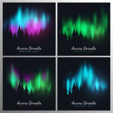 Gece Gökyüzü, Aurora Borealis, Kuzey Işıkları Etkisi ormanın arkasındaki karanlık arka plan üzerinde afiş ayarlayın. Gerçekçi Renkli kutup ışıkları.
