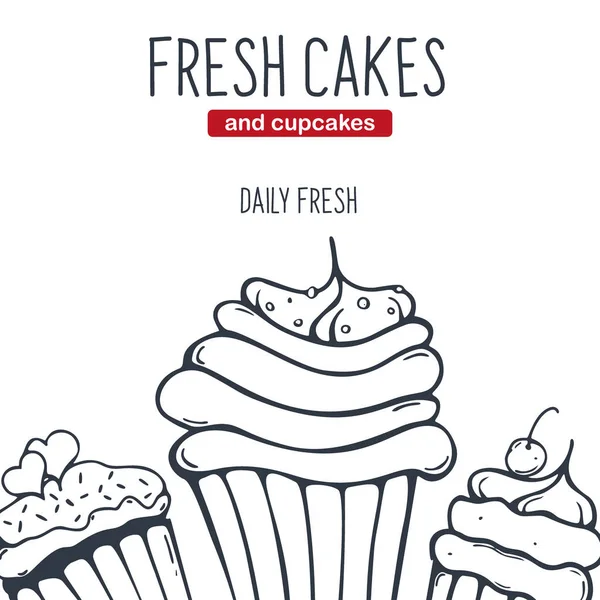 Cupcakes och tårtor banner med skisser hand ritning bakgrund. — Stock vektor