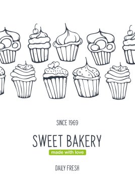 Skeçler el çizim arka plan ile Cupcakes ve Cakes afiş.