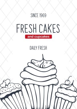 Skeçler el çizim arka plan ile Cupcakes ve Cakes afiş.