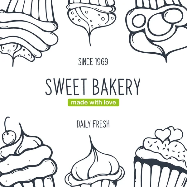 Cupcakes und Kuchen Banner mit Skizzen Hand Zeichnung Hintergrund. — Stockvektor