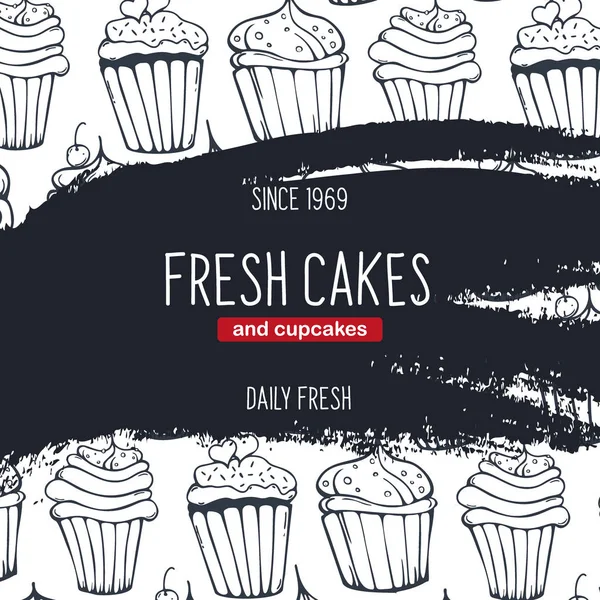 Cupcakes et Gâteaux bannière avec croquis dessin à la main fond . — Image vectorielle