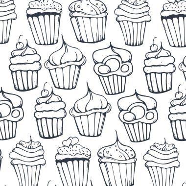  Sketchs Cupcakes Arka Plan. Doğum günü pastaları, tatlılar, el çizim tarzı.