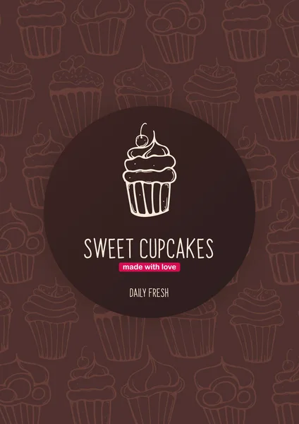 Cupcakes i ciasta banner ze szkicami rysunek strony tło. — Wektor stockowy