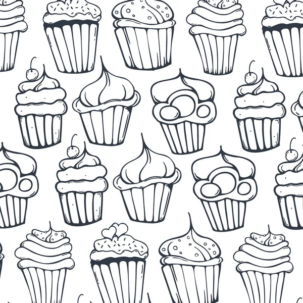 Sketches Cupcakes Background. Birthday cakes, desserts, hand drawing style. — Stock Vector