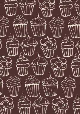  Sketchs Cupcakes Arka Plan. Doğum günü pastaları, tatlılar, el çizim tarzı.