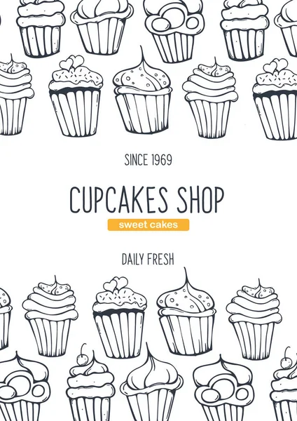 Cupcakes and Cakes banner com esboços mão desenho fundo . — Vetor de Stock