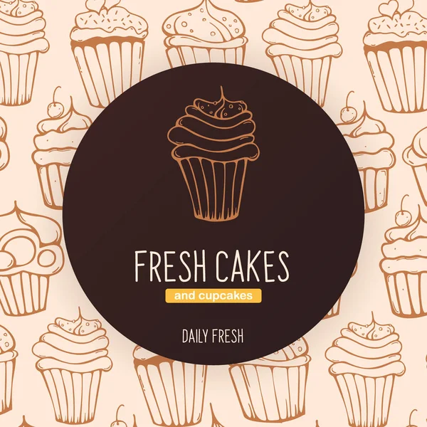 Cupcakes and Cakes banner com esboços mão desenho fundo . — Vetor de Stock