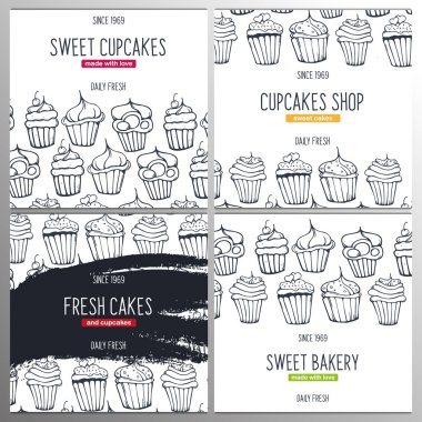 Skeçler el çizim arka plan ile Cupcakes ve Cakes afiş.