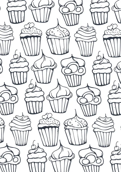 Skisser cupcakes bakgrund. Födelsedagstårtor, desserter, hand ritning stil. — Stock vektor