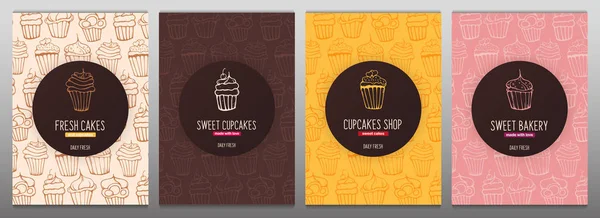 Cupcakes és sütemény banner vázlatok kézzel rajz háttér. — Stock Vector