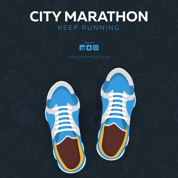 Klub lari, Kota Marathon banner dengan sepatu olahraga . - Stok Vektor