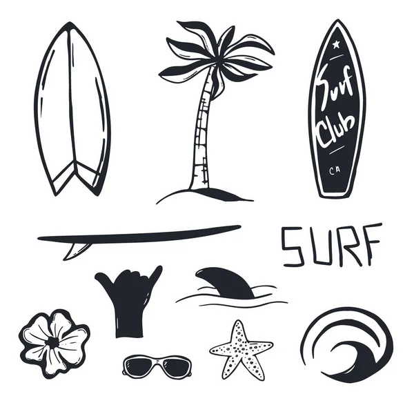 Sommer Surf Hand Draw Set mit Surfbrett, Welle, Palme und Hai. — Stockvektor