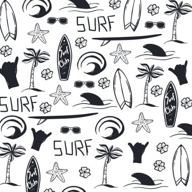 Yaz Surf el Surfboard, Dalga, Palmiye ağacı ve köpekbalığı ile arka plan çizmek.