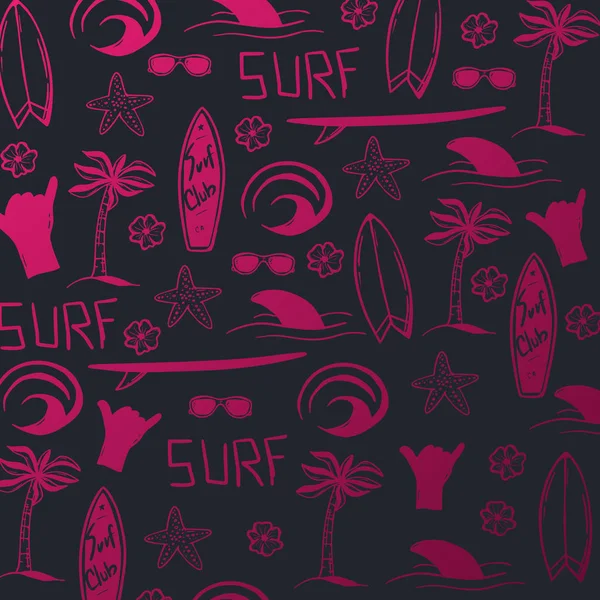 Καλοκαίρι surf χέρι Draw φόντο με σανίδα του σερφ, κύμα, φοινικόδασος και καρχαρία. — Διανυσματικό Αρχείο