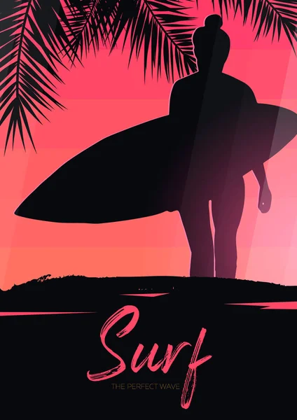 Palm yaprakları ile renkli degrade arka plan üzerinde sörf tahtası ile Surfer Girl. — Stok Vektör