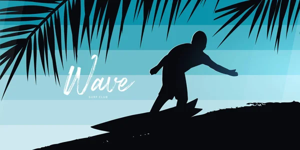 Surfer met surfplank op kleurrijke gradiënt achtergrond met Palm bladeren. — Stockvector