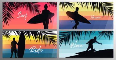 Palmiye yaprakları ile renkli degrade arka plan üzerinde sörf tahtaları ile Surfers afiş ayarlayın.