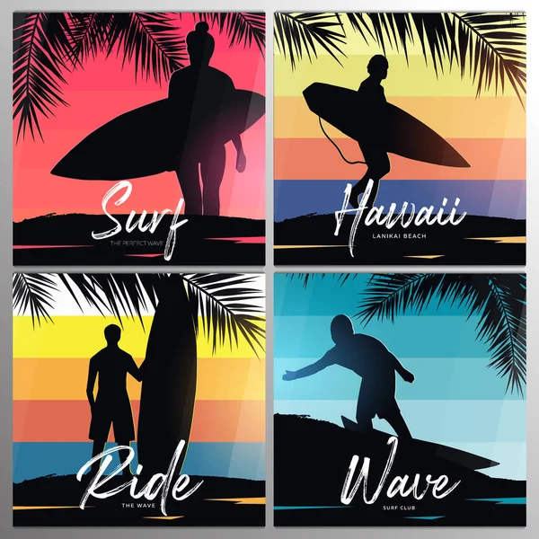 Palmiye yaprakları ile renkli degrade arka plan üzerinde sörf tahtaları ile Surfers afiş ayarlayın. — Stok Vektör