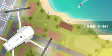 Şehir ve deniz ya da plaj üzerinde uçan drone. Aerial Drone fotoğraf ve video çekiyor.