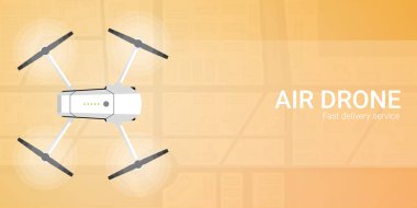 Hava teslimatı. İnsansız hava aracı şehrin üzerinde uçuyor. Arka planda şehir haritası. Aerial Drone fotoğraf ve video çekiyor.