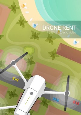 Şehir ve deniz ya da plaj üzerinde uçan drone. Aerial Drone fotoğraf ve video çekiyor.