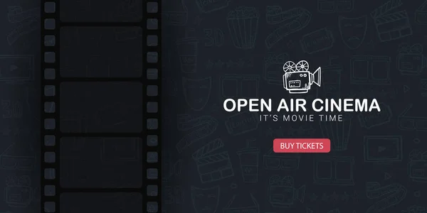 Open Air Kino Banner mit Filmstreifen. Hand Draw Doodle Hintergrund. — Stockvektor