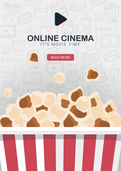 Online-Kinobanner mit Popcorn-Eimer. Hand Draw Doodle Hintergrund. — Stockvektor