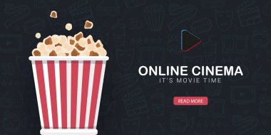 Patlamış mısır kova ile Online Sinema afiş. El karalama arka plan çizmek.