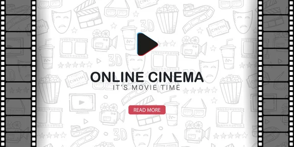 Banner de cine en línea con tira de película. mano dibujar doodle fondo . — Vector de stock