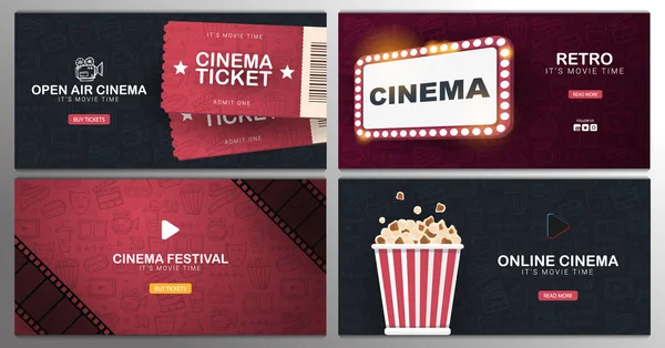 Conjunto de pancartas de cine con entradas, tiras de película, palomitas de maíz y letrero de teatro. mano dibujar doodle fondo . — Vector de stock